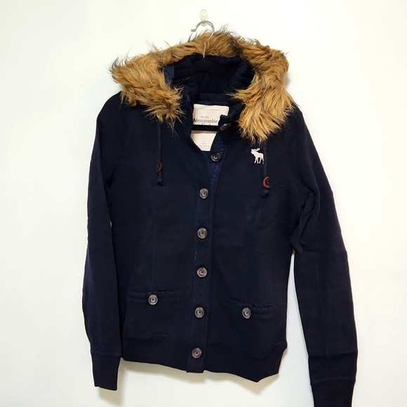 Abercrombie & Fitch Large Navy Blue Jacket With Faux Fur Trim on Hood - Picture 2 of 5